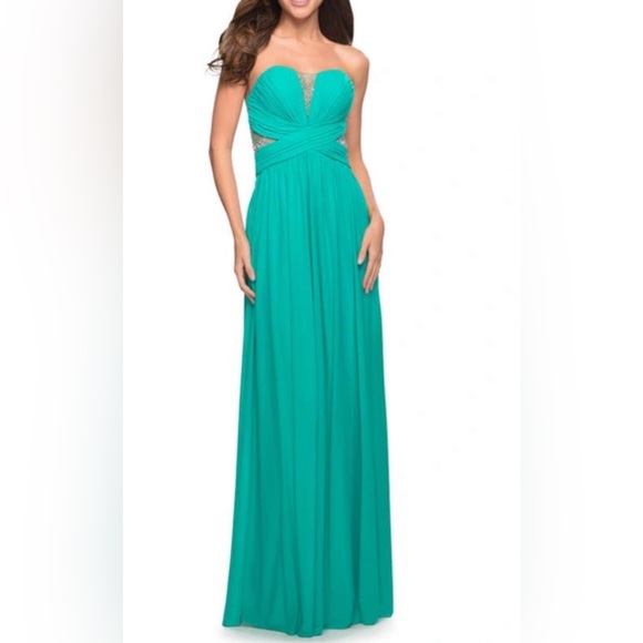 La Femme STUNNING BEADED STRAPLESS MESH & JERSEY GOWN IN SPEARMINT - Picture 1 of 10